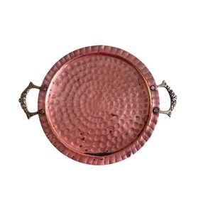 Vtg Hammered Copper Round Serving Tray Decorative Handles Ornate Embossed Metal